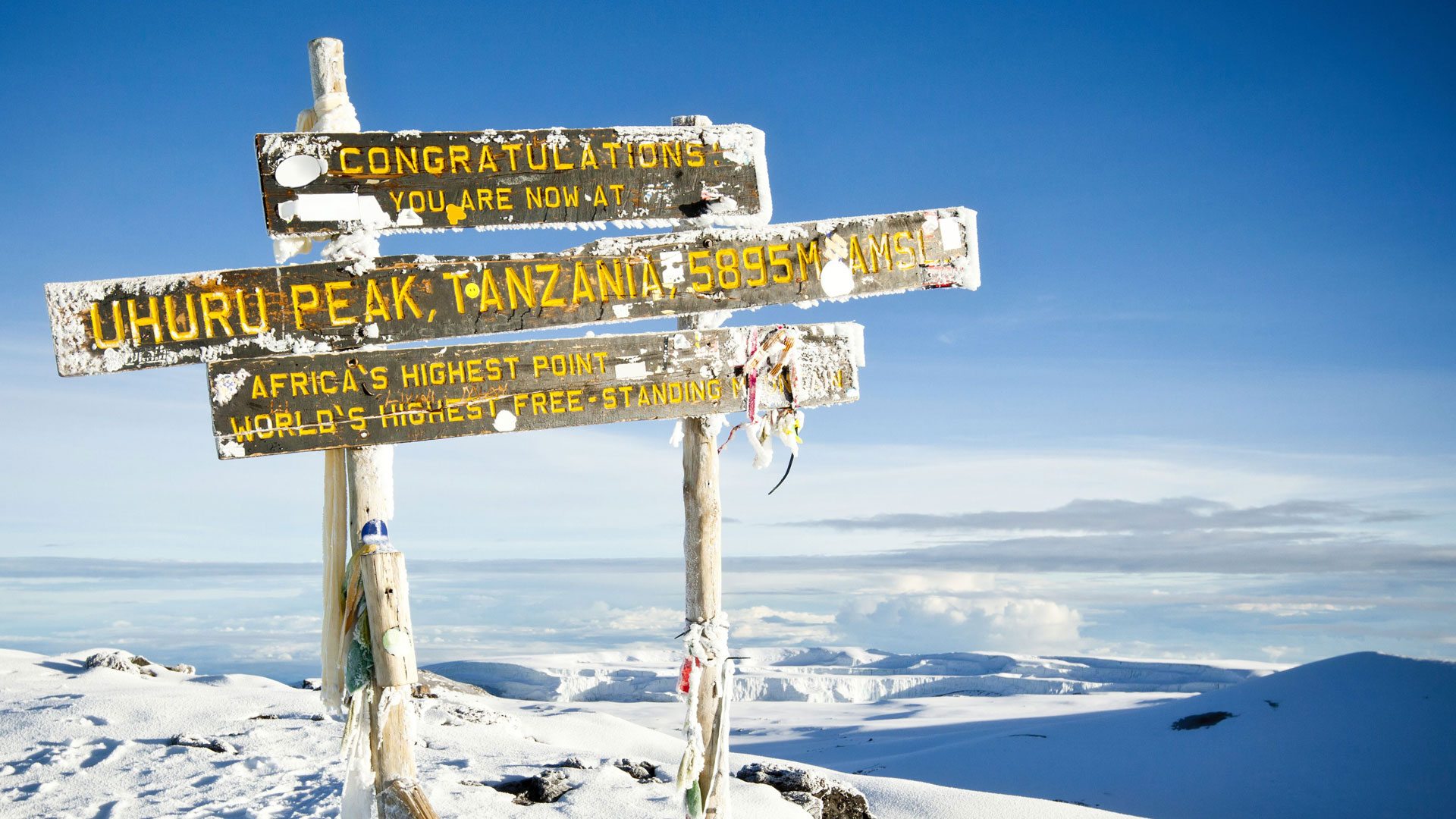 Snow-covered Uhuru Peak summit sign on Mount Kilimanjaro