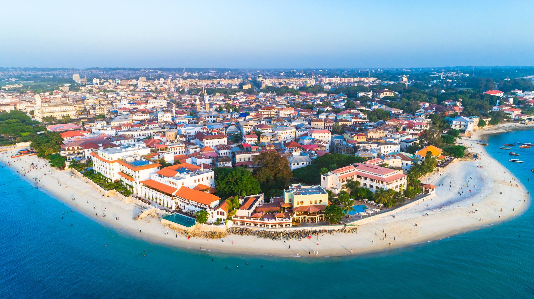 Aerial view over the historic coastal cityscape of Zanzibar
